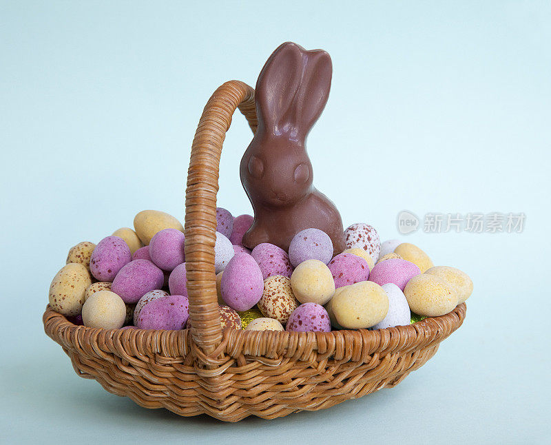Milk Chocolate Bunny in a basket with speckled Easter eggs